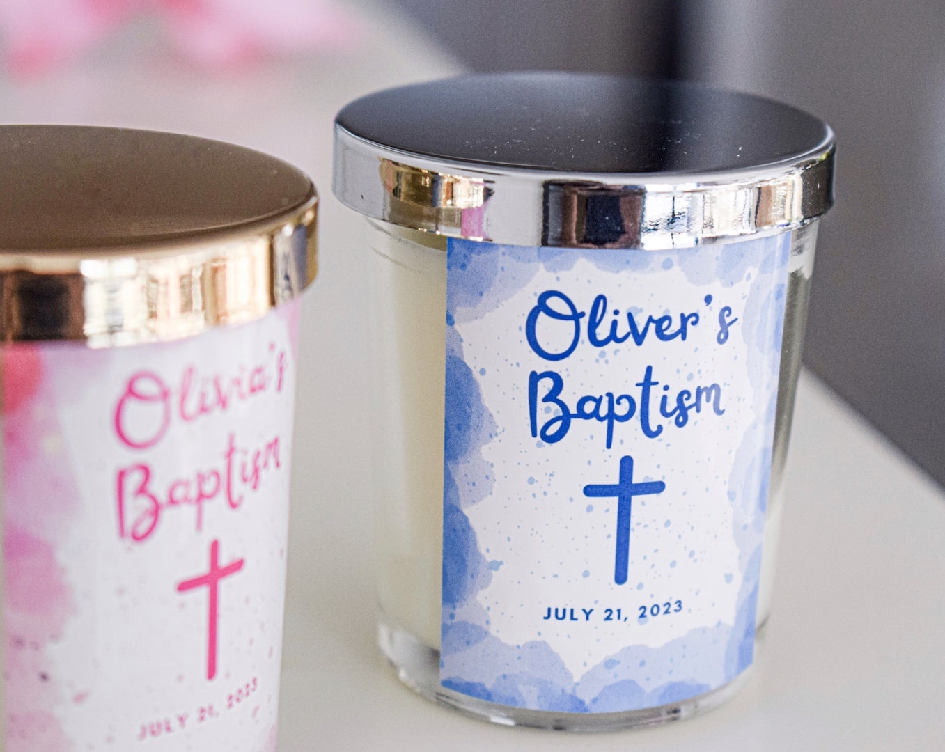 blue and pink Baby Baptism Favors