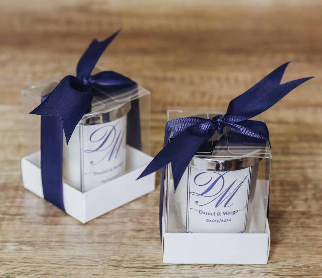 Grey and Silver Scented Candle Wedding Favours, personalised orders price for 10