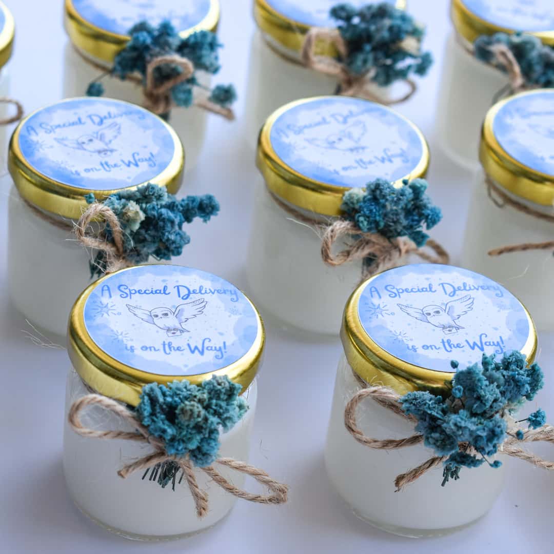 Scented Candle Jar Personalized Baby Shower Favors Real Dried Flowers