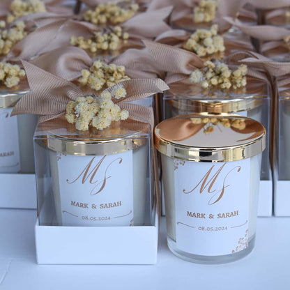 Scented Candle With Natural Dried Flowers And Bottom Box | Personalized Wedding Favor golden