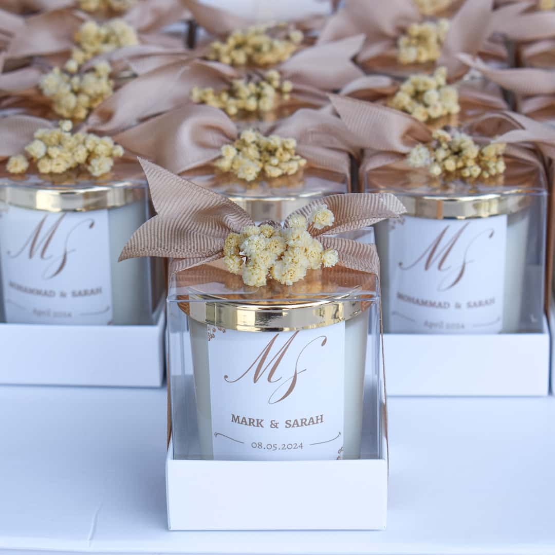 Scented Candle With Natural Dried Flowers And Bottom Box | Personalized Wedding Favor