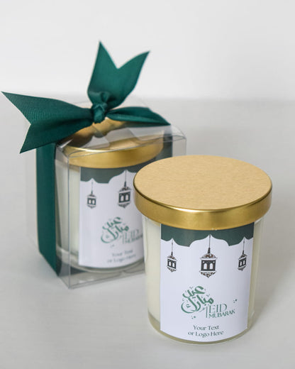 Candle with gold lid and green ribbon packaging candles Eid Mubarak Gifts