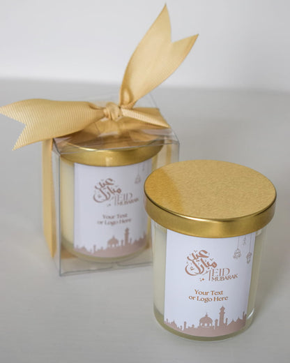Personalized Eid Mubarak Gifts Favors Scented Candle with gold lids and ribbons
