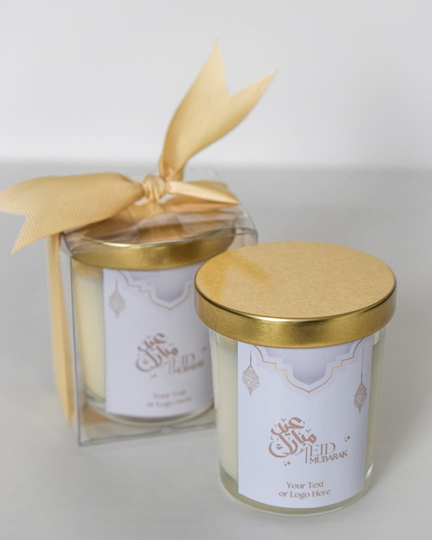 Two candles with gold lids and decorative ribbons Eid Mubarak Gifts Favors Scented Candle