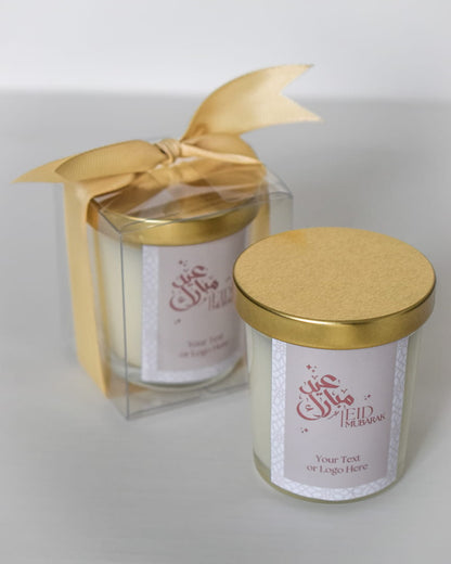 Two candles with gold lids and labels Eid Mubarak Gifts Favors Scented Candle